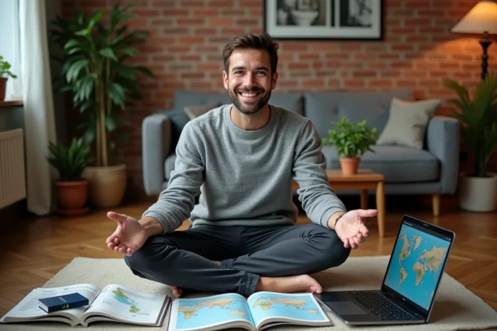 Homme préparant son voyage avec Epershand Magazine entouré de guides et d'une carte sur ordinateur dans un appartement moderne