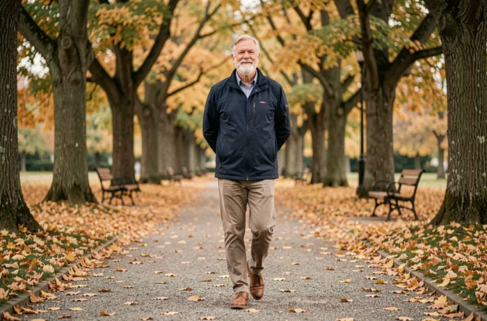 Homme retraité se promenant seul dans un parc en automne parmi les feuilles dorées