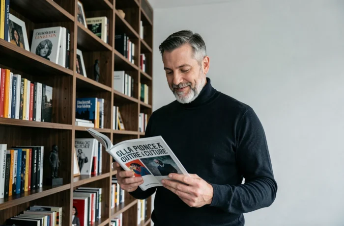 Homme feuilletant une revue littéraire moderne dans une bibliothèque contemporaine