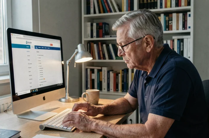 Homme senior consultant le plan d'un site web sur un ordinateur de bureau dans son bureau à domicile