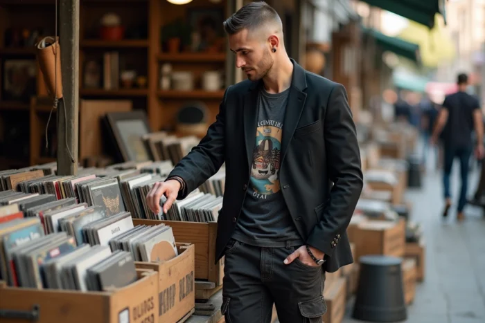 Homme au style alternatif en blazer déstructuré explorant un marché aux puces, tendances mode alternative masculine