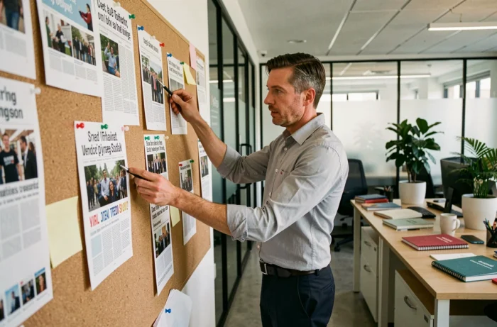 Homme affichant des titres d'actualités tendances et insolites sur un tableau de liège dans un bureau moderne