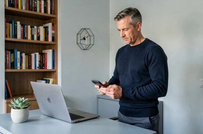 Homme en télétravail utilisant un ordinateur portable et un smartphone dans un bureau à domicile moderne