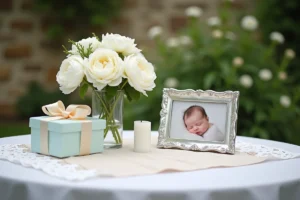 Table de baptême décorée avec cadeaux, fleurs blanches et bougies dans un jardin champêtre