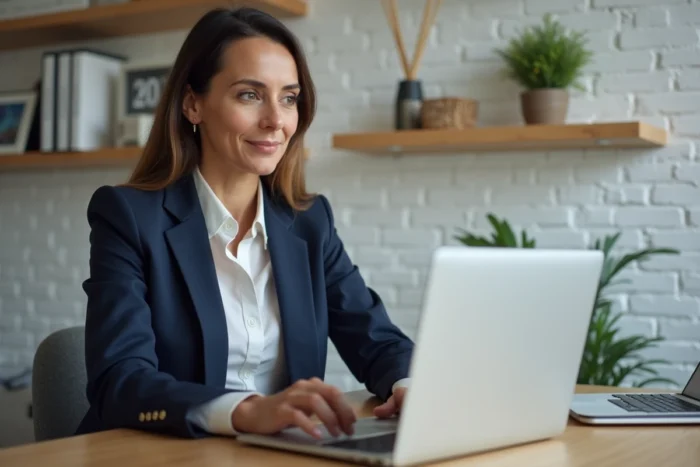 Indépendante utilisant un logiciel de gestion sur son ordinateur portable dans un bureau à domicile moderne et organisé