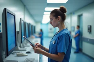 Infirmière consultant une tablette numérique à un poste de travail hospitalier moderne, illustrant les solutions numériques pour les professionnels de santé