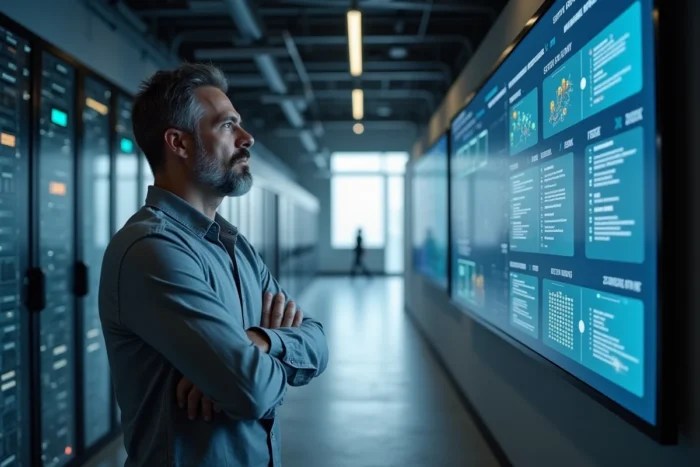 Ingénieur IT supervisant des logs d'automatisation et des bots planifiés sur un écran mural en salle serveur