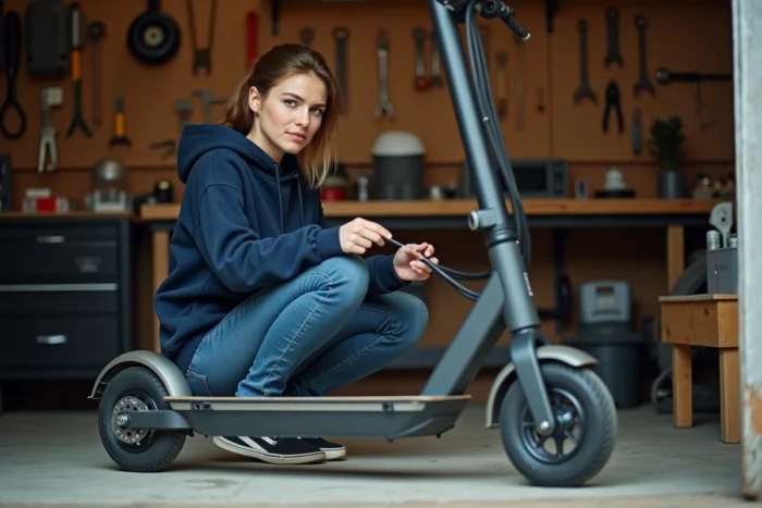 Femme inspectant le câble de frein d'une trottinette électrique dans un atelier de bricolage à domicile