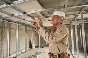 Ouvrier installant un plafond en plaques de plâtre BA13 sur une ossature métallique dans un chantier de rénovation résidentielle