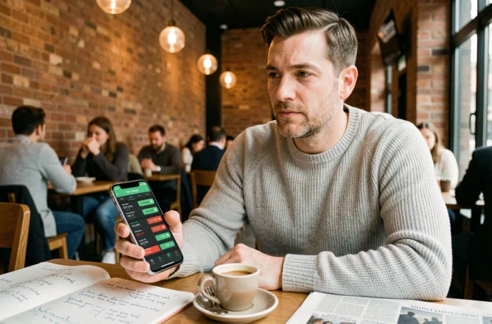 Jeune investisseur consultant son portefeuille boursier sur smartphone dans un café