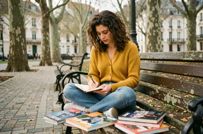Jeune femme prenant des notes entourée de revues culturelles dans un parc urbain