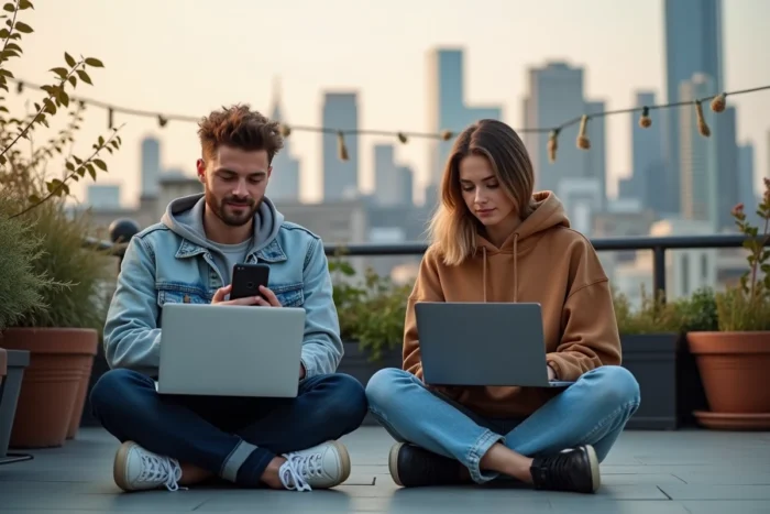 Jeunes adultes connectés sur une terrasse urbaine avec en fond un contraste entre architecture haussmannienne et immeubles modernes, évoquant la renaissance numérique contemporaine
