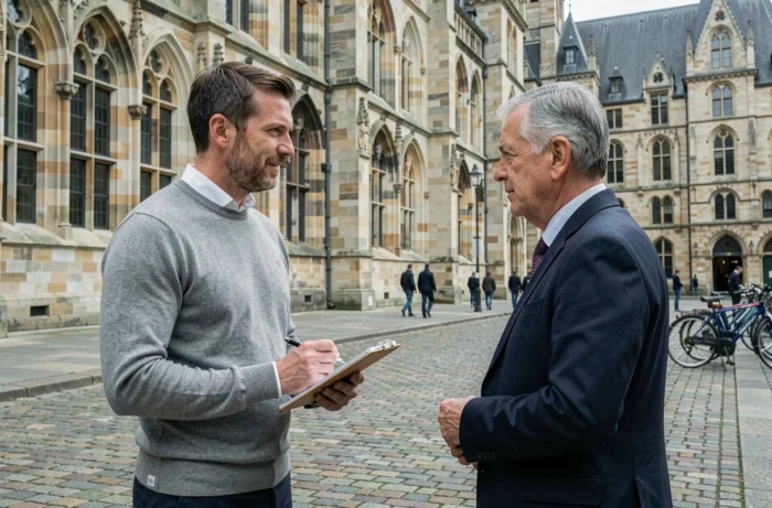 Journaliste interviewant un élu devant l'hôtel de ville historique de Rouen en Normandie