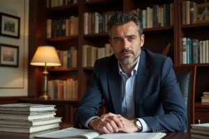 Portrait professionnel d'un journaliste politique français en veste marine dans un bureau parisien raffiné