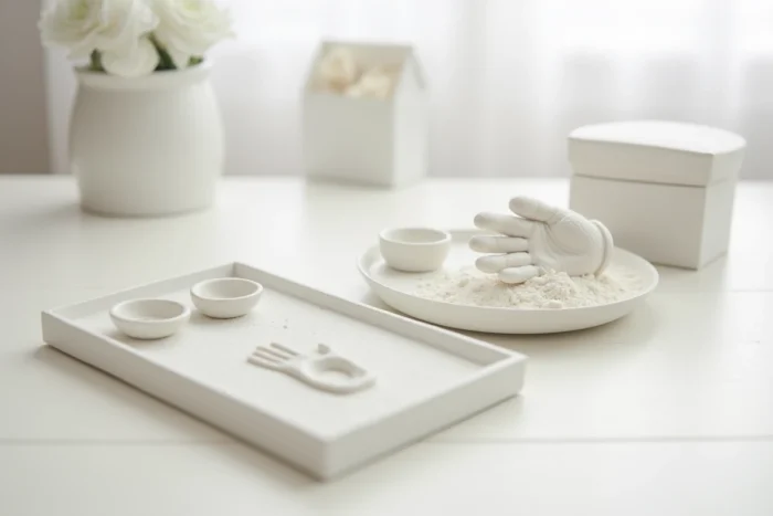 Kit de moulage d'empreintes de mains et pieds bébé avec plâtre et cadres céramiques sur fond blanc