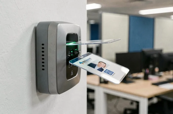 Gros plan sur un lecteur de badge RFID avec voyant vert et carte d'accès professionnelle pour sécuriser les locaux