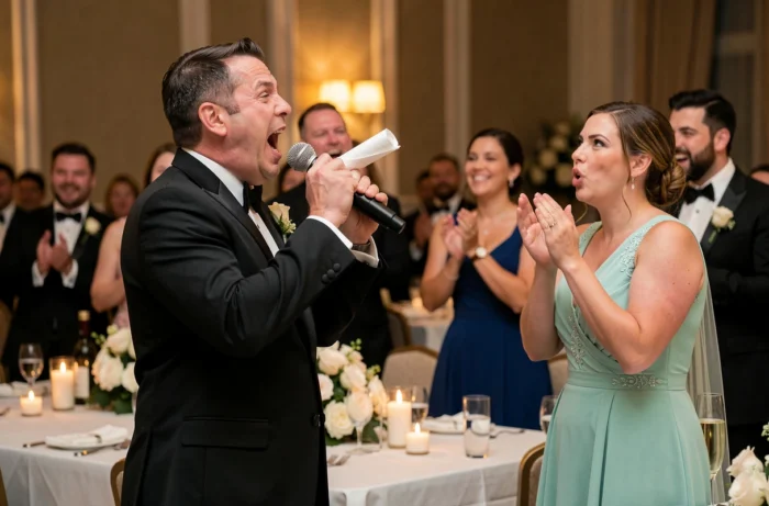 Invités de mariage en tenue de soirée participant à un concours de lip sync battle animé autour d'une table de réception décorée
