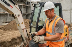Ouvrier en gilet orange inspectant une mini-pelle de location sur un chantier de construction actif