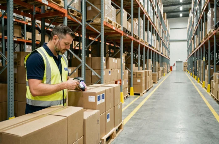 Agent logistique scannant des colis certifiés Made in EEC dans un entrepôt européen moderne
