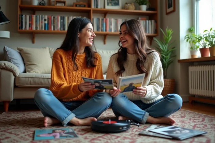 Deux amies assises sur le sol d'un salon entourées de vinyles et de magazines musicaux, partageant un moment de convivialité