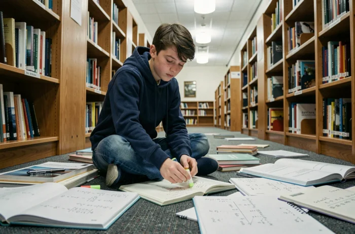 Lycéen qui étudie les mathématiques par terre dans une bibliothèque entouré de manuels et d'exercices