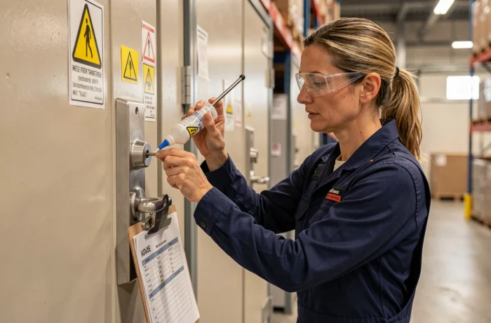 Technicienne de maintenance effectuant une inspection préventive programmée d'une serrure industrielle en entrepôt