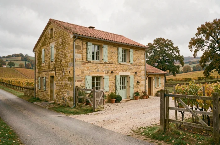 Maison de famille traditionnelle en pierre de Bourgogne entourée de vignes et de collines, typique de l'architecture rurale bourguignonne