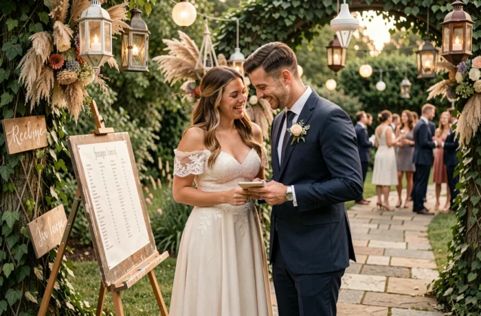 Couple de mariés souriant devant une décoration de mariage personnalisée en plein air avec lanternes et signalétique artisanale