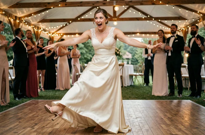 Mariée qui trébuche sur sa robe lors de la danse, moment comique et spontané capturé pendant la soirée de mariage