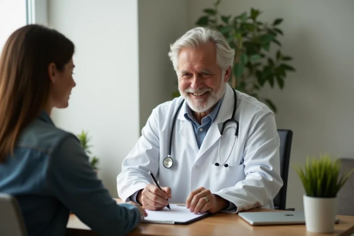 Médecin généraliste en consultation avec un patient, prenant des notes dans un cabinet médical contemporain, symbolisant l'accompagnement quotidien des professionnels de santé