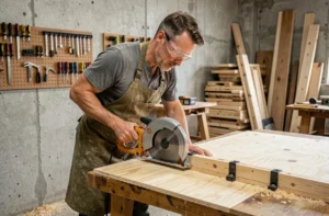 Menuisier expérimenté utilisant une scie circulaire avec un guide de coupe pour obtenir une découpe parfaitement droite sur un panneau de contreplaqué dans un atelier artisanal