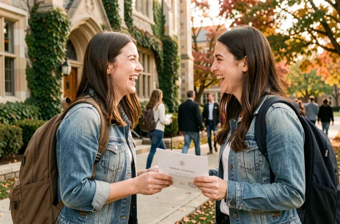Une jeune femme tenant une lettre d'acceptation universitaire félicitée par son amie devant un bâtiment académique en pierre avec du lierre