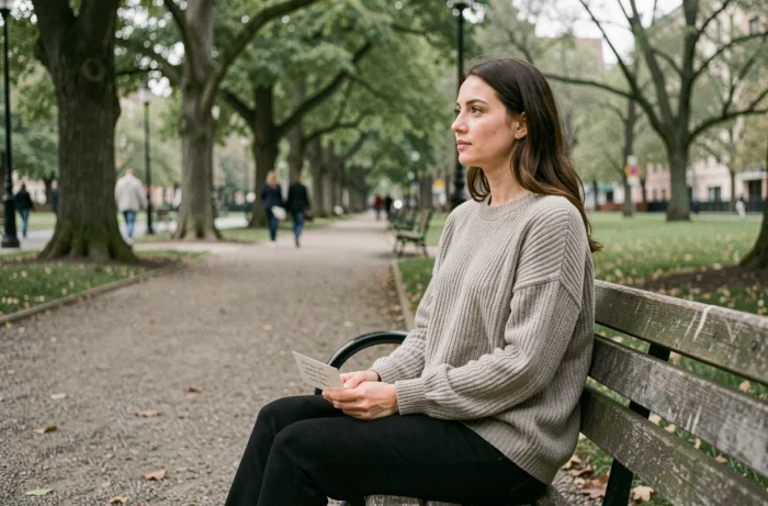 Deux amies assises sur un banc dans un parc, l'une tenant doucement la main de l'autre avec une carte manuscrite posée sur les genoux