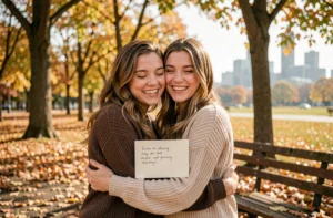 Deux amies s'embrassant chaleureusement dans un parc en automne, l'une tenant une carte manuscrite, symbolisant les adieux émouvants