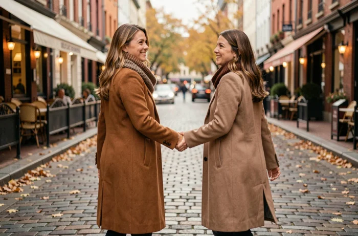 Deux amies se tenant la main en se retournant avec un sourire complice à un coin de rue pavé, comme si ce n'était pas vraiment un au revoir