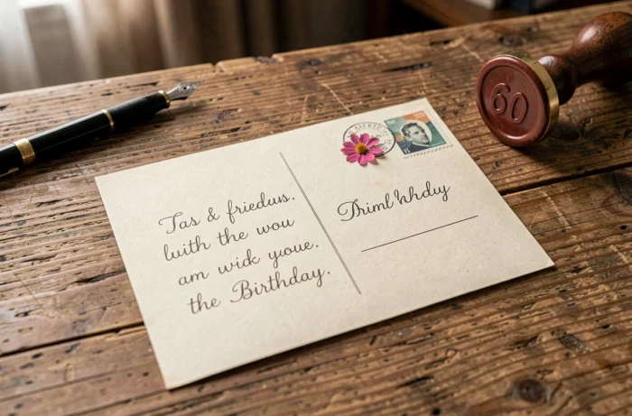 Carte postale vintage manuscrite avec un message d'anniversaire humoristique sur une table en bois rustique