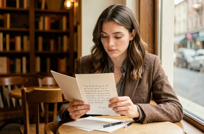 Une femme dans un café lisant attentivement une carte contenant une citation personnalisée manuscrite, un stylo posé sur la table à côté