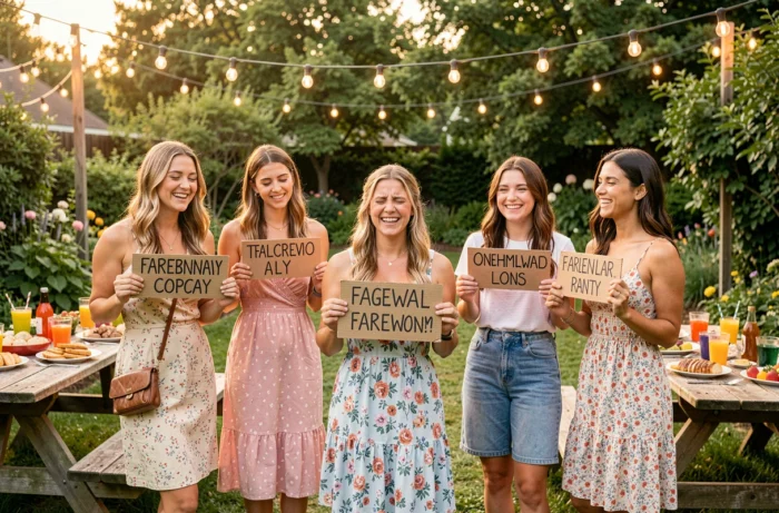 Un groupe de cinq amies réunies dans un jardin pour une fête d'adieu collective, tenant des pancartes faites main avec des sourires sincères