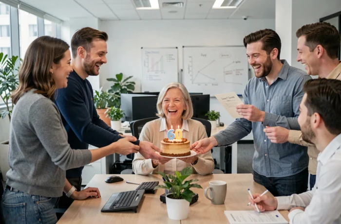 Femme sexagénaire entourée de collègues au bureau qui célèbrent son anniversaire avec un gâteau et une carte