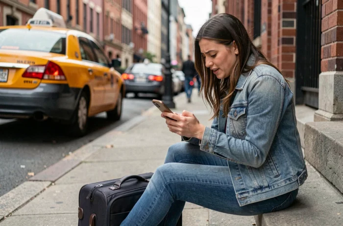Une femme assise sur un perron avec une valise à côté, tapant rapidement un SMS d'adieu de dernière minute sur son téléphone