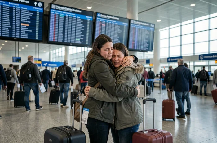 Deux amies s'embrassant avec émotion dans un hall de départ d'aéroport international, une valise et une carte d'embarquement visibles