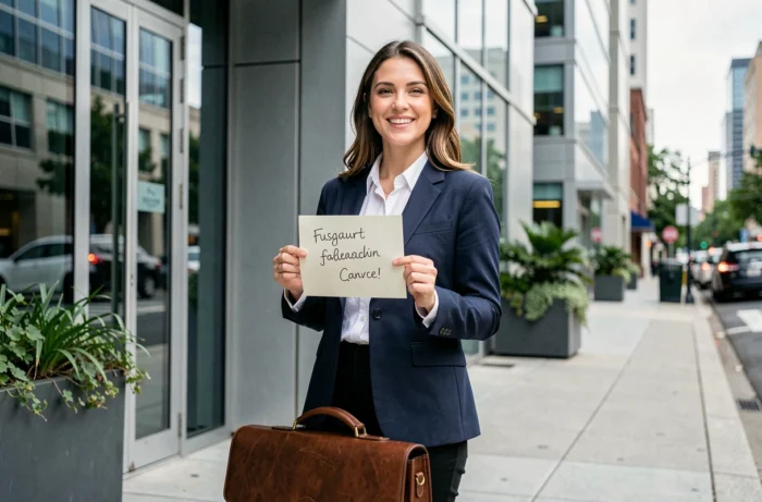 Une femme debout devant un immeuble de bureaux moderne, tenant une carte d'encouragement pour son nouveau départ professionnel