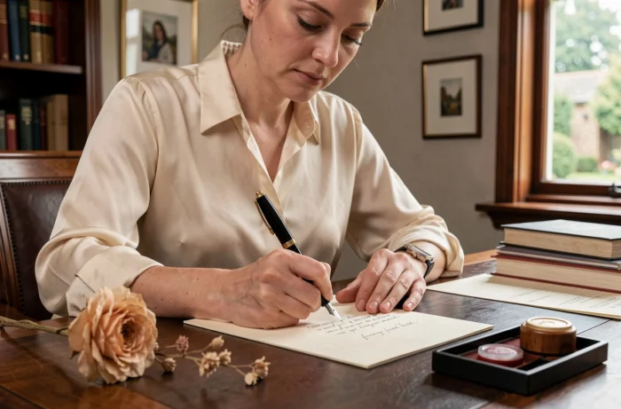 Une femme écrivant soigneusement un message d'adieu formel avec une plume sur une carte épaisse ivoire, un sceau de cire et une fleur séchée posés sur le bureau