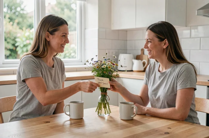Une femme remettant une petite carte de remerciements à son amie à une table de cuisine avec un bouquet de fleurs sauvages et deux tasses de thé