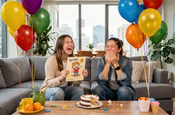 Deux amies éclatant de rire dans un salon décoré de ballons d'adieu, l'une tenant une carte humoristique illustrée