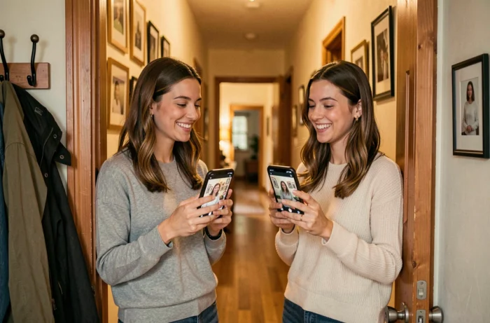 Deux amies à l'embrasure d'une porte tenant leurs téléphones avec un écran d'appel vidéo, souriant pour symboliser le lien futur