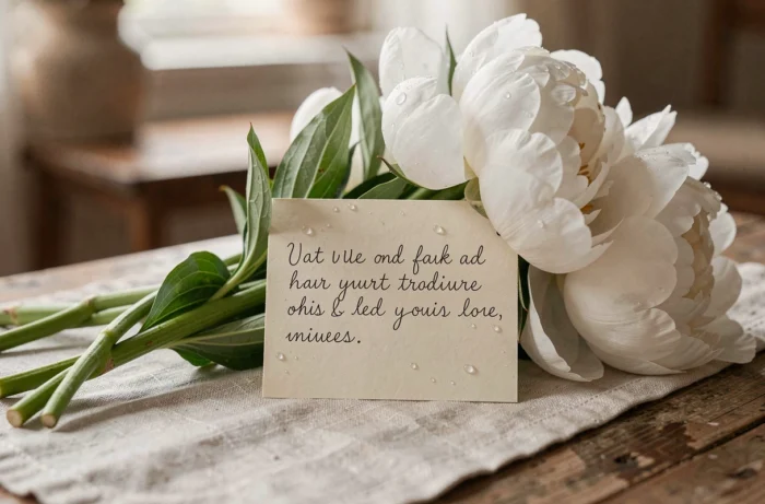 Un petit mot manuscrit glissé parmi les tiges d'un bouquet de pivoines blanches posé sur une table en bois, avec des gouttes de rosée sur les pétales