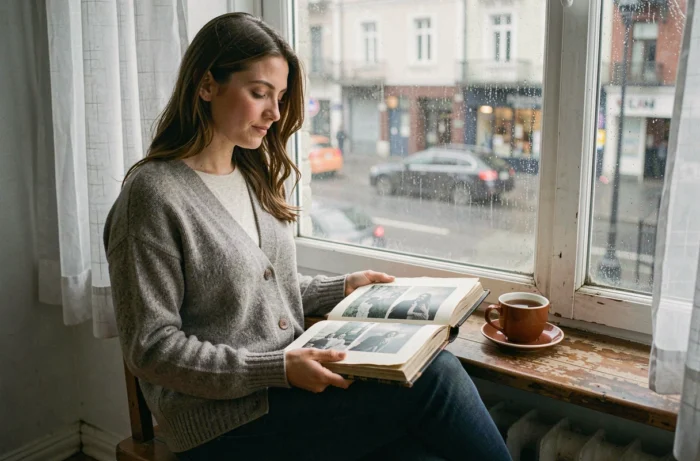 Une femme assise près d'une fenêtre sous la pluie, feuilletant un album photo avec une expression nostalgique mais apaisée, une tasse de thé à côté