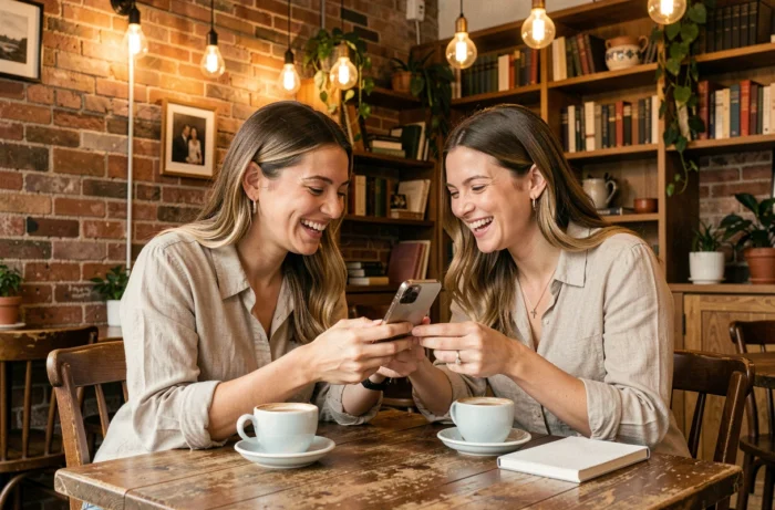 Deux amies dans un café regardant ensemble une photo sur un smartphone en riant, rappelant un souvenir précis
