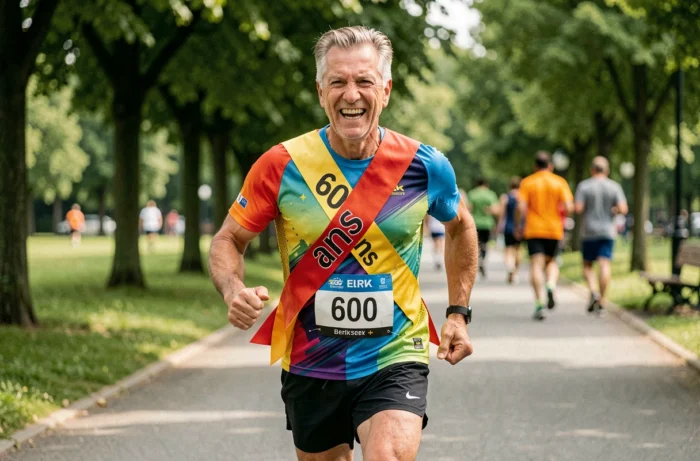 Homme sexagénaire en tenue de running portant une écharpe '60 ans' sur un chemin de parc